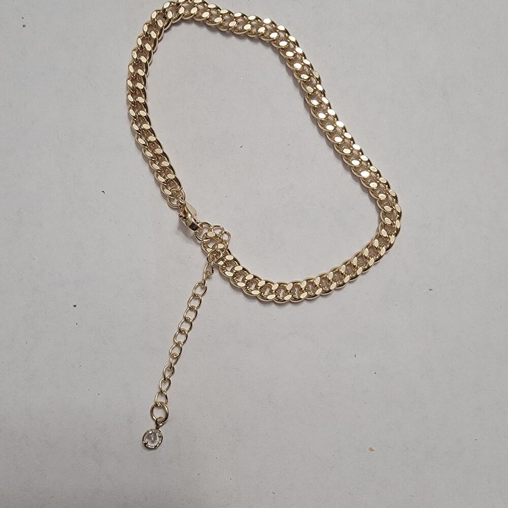 Gold Tone Curb Chain Bracelet w/ Extender & Clear Rhinestone Charm, 7 to 8.5 in